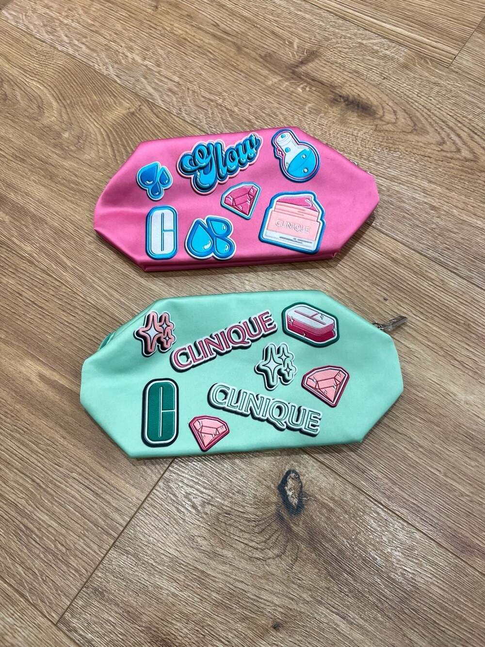 Clinique Cosmetic Makeup Bag Set of 2 Pink and Green Satin